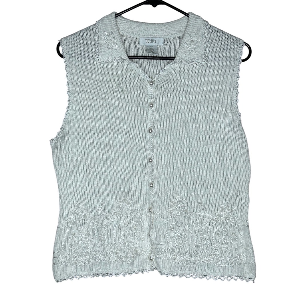XXist VTG Sleeveless Knit Top Pearls Embellished Button‎ Down Vest XL Crochet